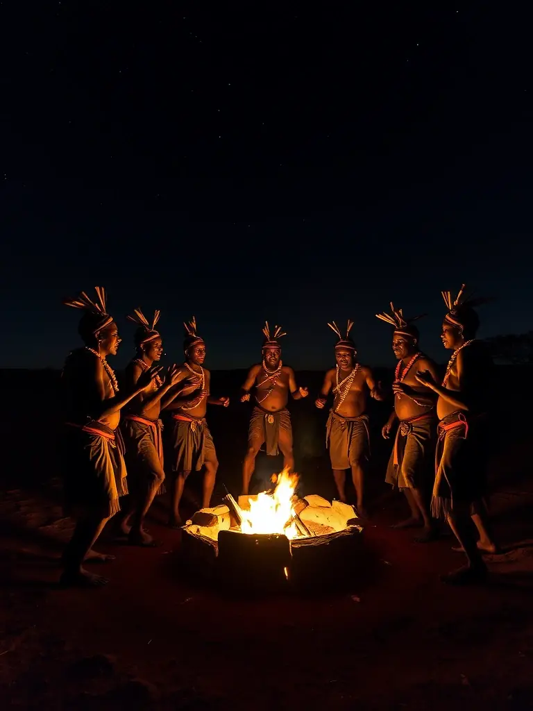 A captivating photo of a group of San Bushmen performing a traditional dance around a campfire at night, with their faces illuminated by the firelight, highlighting Botswana's rich cultural heritage.