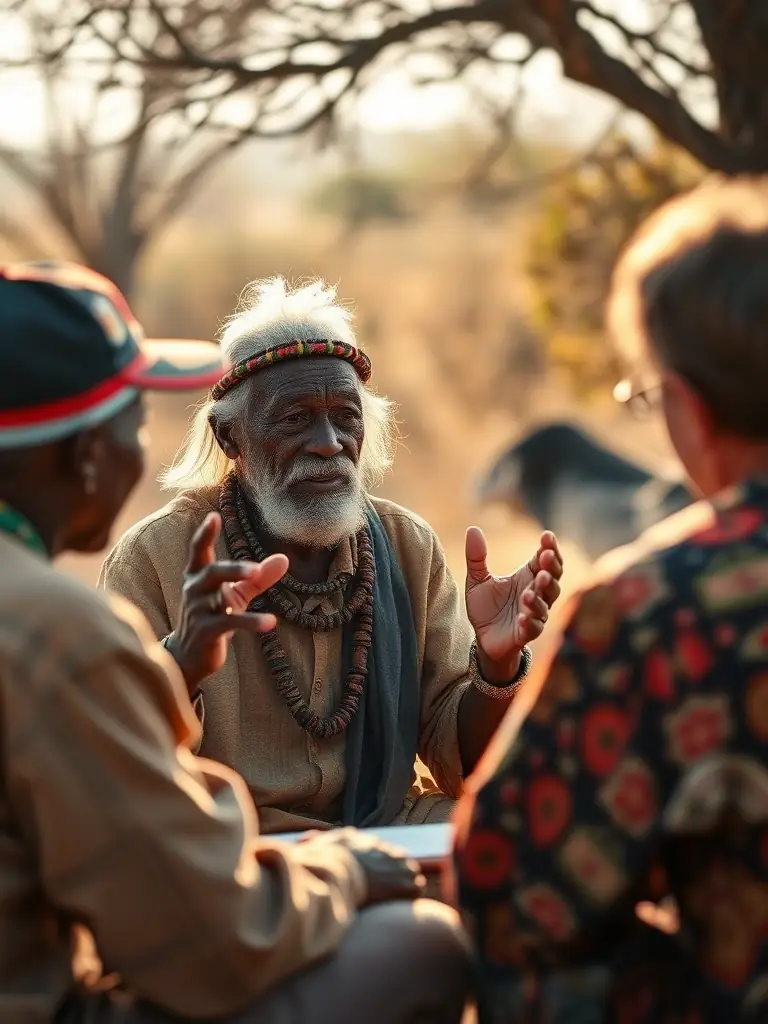 A captivating image of a San Bushman elder sharing traditional stories and cultural practices with a group of tourists, highlighting the cultural tours.