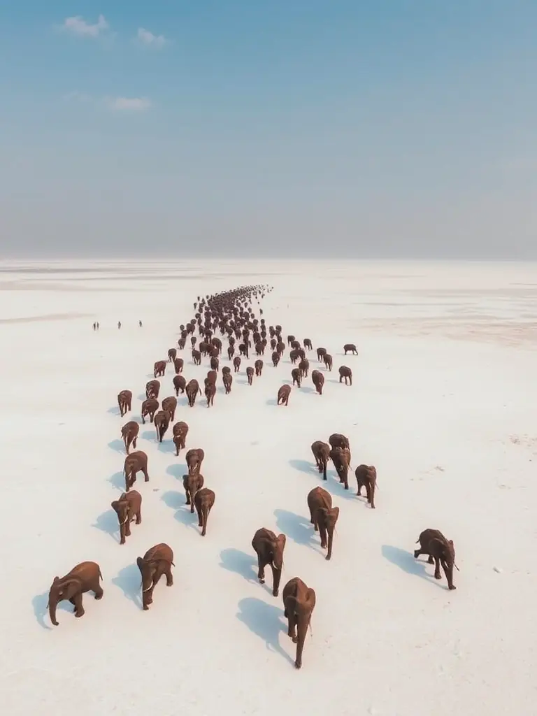 A stunning aerial view of a herd of elephants migrating across the Makgadikgadi Pans, with the vast salt flats stretching out to the horizon, emphasizing the scale and drama of this natural phenomenon.