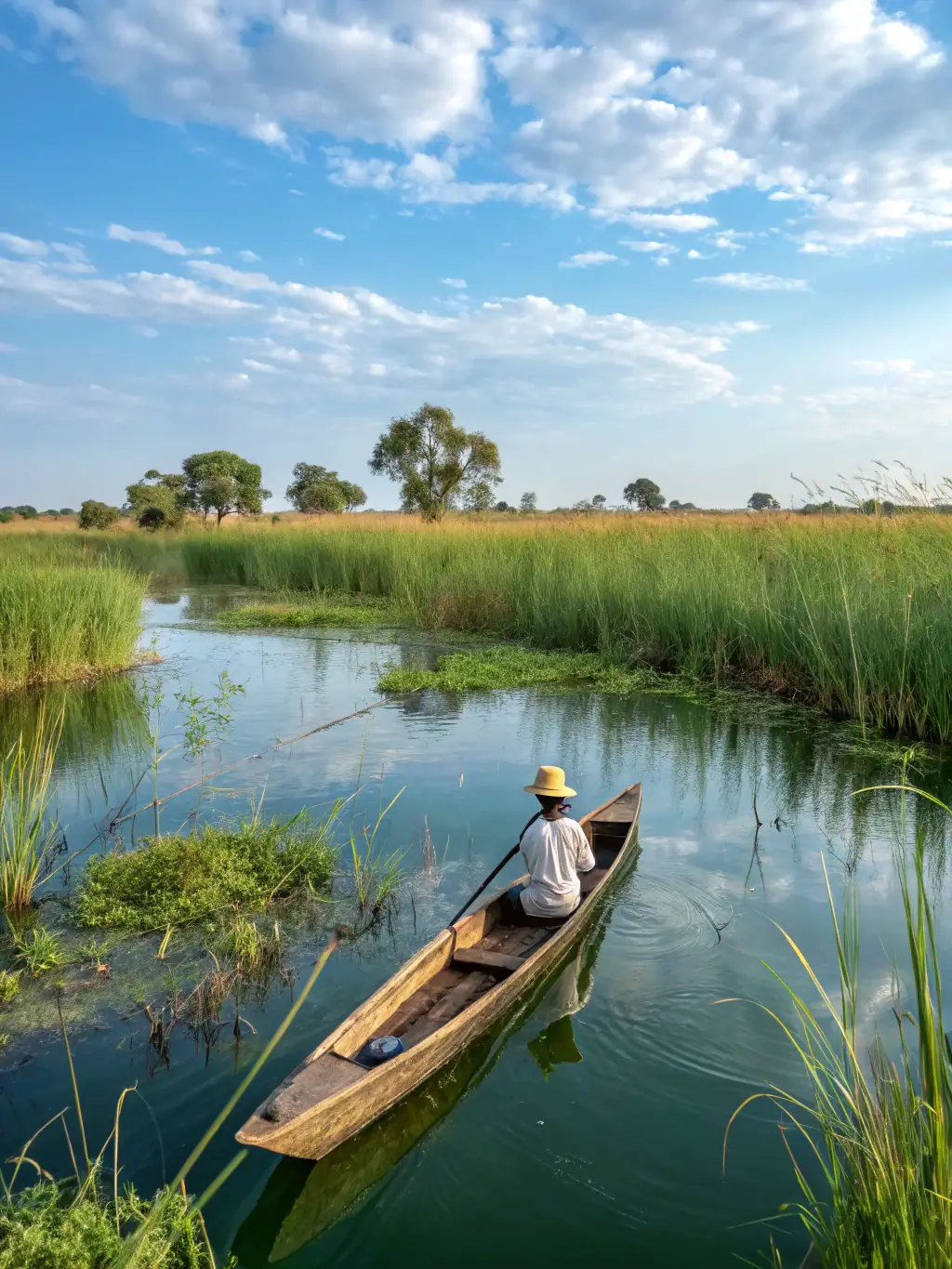 A vibrant image of a mokoro (traditional dugout canoe) gliding through the Okavango Delta, showcasing the serene waterways and lush vegetation, used to represent the unique safari experiences offered by Splendour Travels.