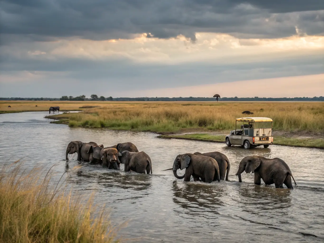 An aerial view of the Chobe National Park, showcasing its dense elephant population and riverfront scenery.
