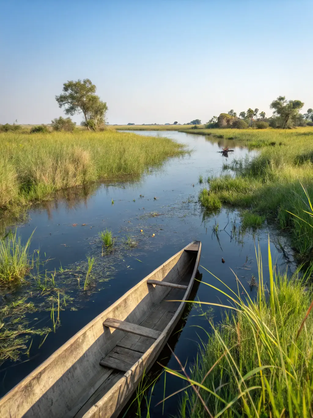 A vibrant image of a mokoro (traditional dugout canoe) gliding through the Okavango Delta, with lush vegetation and clear blue skies in the background, showcasing the serene beauty of a water-based safari.