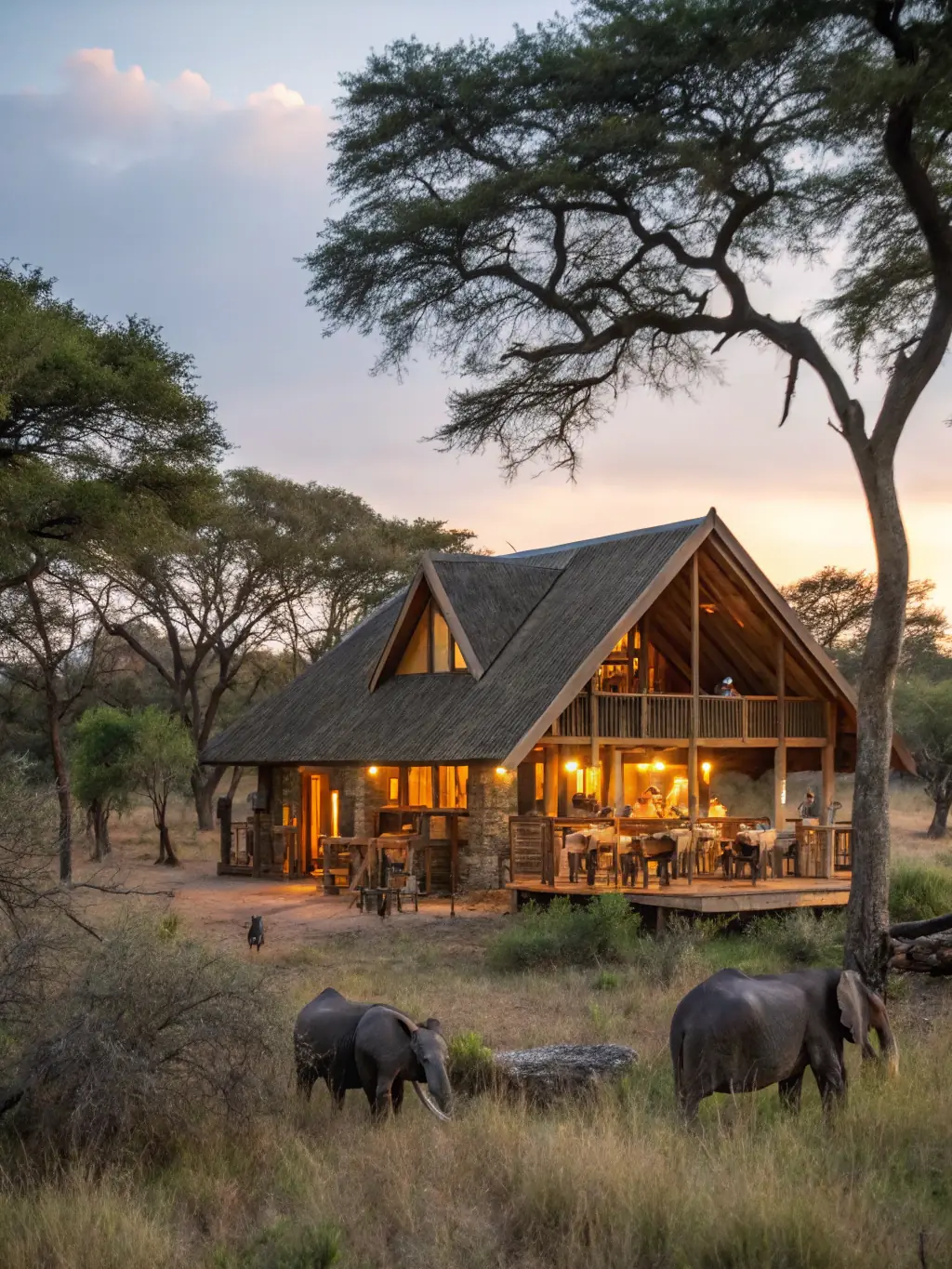 A stunning aerial view of a luxury eco-lodge nestled within the Okavango Delta, emphasizing the sustainable and environmentally responsible travel options offered by Splendour Travels.