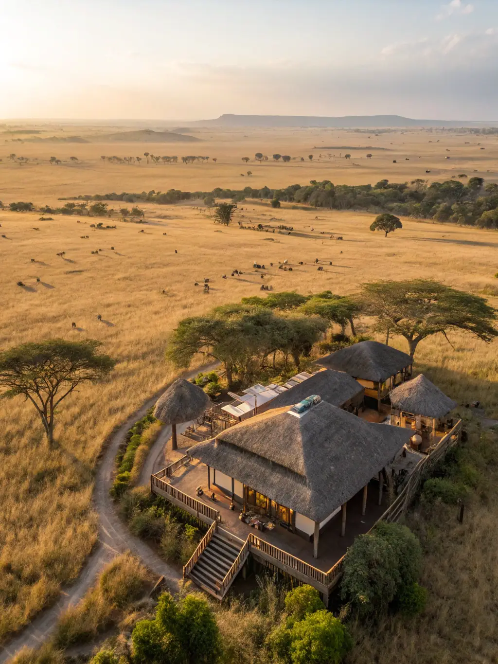 A picturesque scene of a luxury safari lodge nestled amongst acacia trees overlooking a watering hole, with zebras and giraffes grazing peacefully in the foreground, showcasing the comfort and elegance of a high-end safari experience.